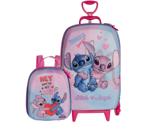 KIT MOCHILA 3D C/ RODINHA + LANCHEIRA DIPLOMATA STITCH E ANGEL