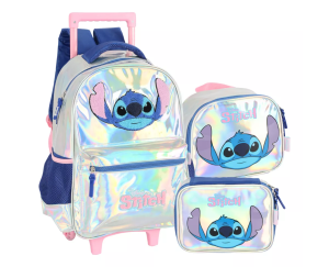 KIT MOCHILA RODINHA + LANCHEIRA E ESTOJO BOX STITCH HOLOGRAFICA PRATA