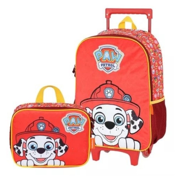 KIT MOCHILA RODINHA LUXCEL + LANCHEIRA PATRULHA CANINA VERMELHA